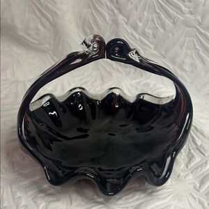 Vintage Amethyst Art Glass Basket Bowl Ruffled Mid Century Modern Decor